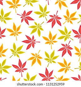 Seamless pattern with autumn leaves in Orange, Beige, Brown and Yellow.