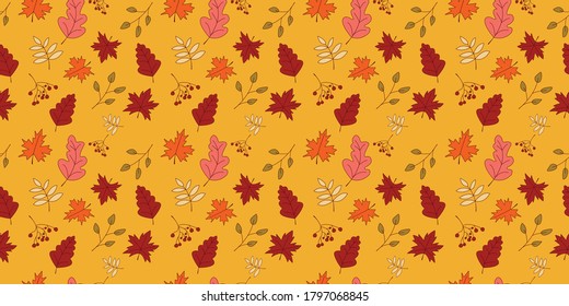 Seamless pattern autumn leaves in Orange, Beige, Brown and Yellow. autumn greeting cards. autumn leaves Seamless pattern for textile, wallpapers, gift wrap and scrapbook