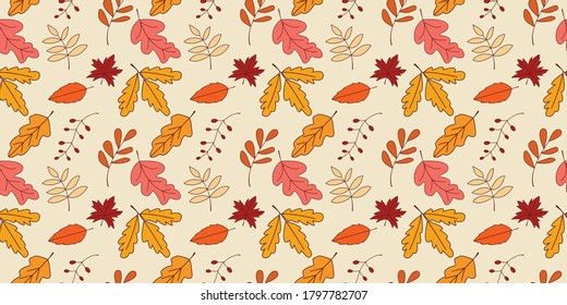 Hojas otoñales sin foco en naranja, beige, marrón y amarillo. tarjetas de felicitación de otoño. hojas de otoño Patrón sin foco para textiles, papel pintado, envoltura de regalo y libro de chatarra