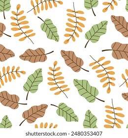  Seamless pattern with autumn leaves orange and green. Autumn mood forest print for textile or wrapping paper. Colorful fallen leaves and berries flat illustration.