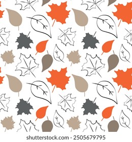 Patrón sin fisuras con hojas de otoño en naranja, beige, gris. Perfecto para el Fondo de pantalla, regalo Papel de embalaje, rellenos de patrones, fondo de página de Web, tarjetas de felicitación de otoño. Ilustración plana de dibujos animados de Vector