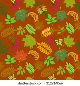 Seamless pattern with autumn leaves pastel, faded, light colored. Ashberry, dogberry, maple, mountain ash, poplar leaves on bright brown background. Vector