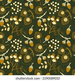 seamless pattern with autumn leaves, physalis and berries