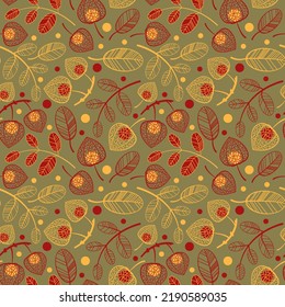 seamless pattern with autumn leaves, physalis and berries