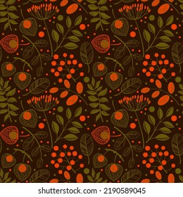 seamless pattern with autumn leaves, physalis and berries