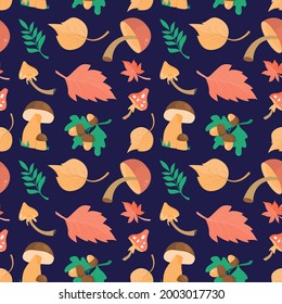 Seamless pattern with autumn leaves, plants and mushrooms. Print for textiles or background for layouts.