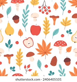 Seamless pattern with autumn leaves, plants, mushrooms, fruits. Fall season, hello autumn. Vector illustration in flat style