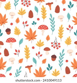 Seamless pattern with autumn leaves, plants, mushrooms. Fall season, hello autumn. Vector illustration in flat style