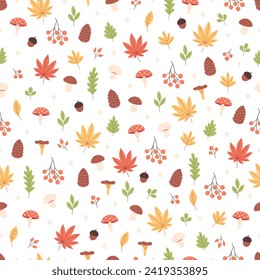 Seamless pattern with autumn leaves, plants, mushrooms. Fall season, hello autumn. Vector illustration in flat style