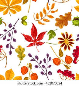 Seamless pattern with autumn leaves and plants. Background easy to use for backdrop, textile, wrapping paper.