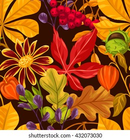 Seamless pattern with autumn leaves and plants. Background easy to use for backdrop, textile, wrapping paper.