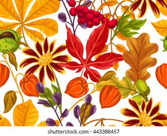 Seamless pattern with autumn leaves and plants. Background easy to use for backdrop, textile, wrapping paper.