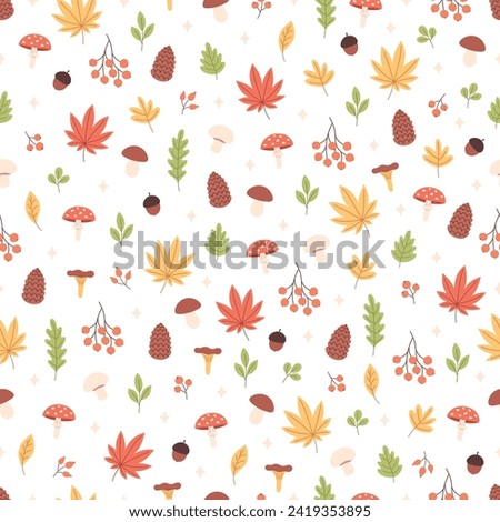 Seamless pattern with autumn leaves, plants, mushrooms. Fall season, hello autumn. Vector illustration in flat style