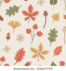 Seamless pattern of autumn leaves, poppy pods, flowers, acorns in cutout style on light beige background. Simple geometric botanical elements. Fall vector design