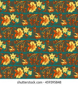 Seamless pattern of autumn leaves for printing on fabric, wrapping paper, textiles. Pattern of 5 colors.Stripes of flowers and leaves.Blue-green background.Printing on fabric, textile, packaging