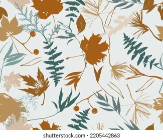 Nahtlose Muster Herbst Blätter und Silhouetten. 
Einzeln auf weißem Hintergrund. Vektorgrafik.