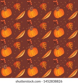 seamless pattern autumn leaves and pumpkin background. Vector illustration.