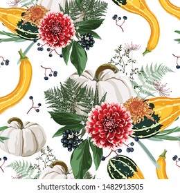 Seamless pattern with autumn leaves, pumpkin and flowers. Background easy to use for backdrop, textile, wrapping paper.	
