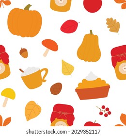 Seamless pattern autumn leaves pumpkin jam pie berries vector illustration