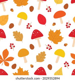 Seamless pattern autumn leaves pumpkin berries vector illustration