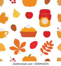Seamless pattern autumn leaves pumpkin jam pie berries vector illustration