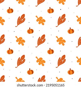 Seamless pattern with autumn leaves and pumpkin. Can be used as seamless patterns for fabric, wrapping paper and home décor 