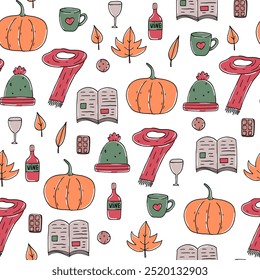 Padrão sem costura com folhas de outono e abóbora em estilo doodle