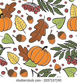 Seamless pattern of autumn leaves, pumpkins and acorns. Autumn bright pattern, hand-drawn scribbles of fallen leaves