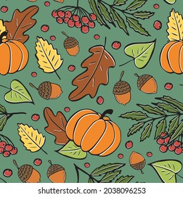 Patrón sin foco de hojas de otoño, calabazas y bellotas. Patrón brillante de otoño, garabatos dibujados a mano de hojas caídas