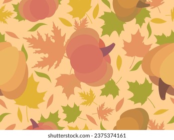 Seamless pattern with autumn leaves and pumpkins. Autumn background with pumpkins and maple leaves. Design of banners, wrapping paper and promotional products. Vector illustration