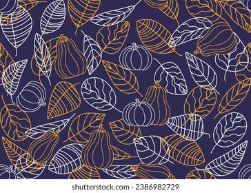 Seamless pattern of autumn leaves and pumpkins. Vector autumn seamless pattern of contours on a dark blue background. Vector doodle illustration.