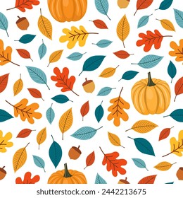 Seamless pattern with autumn Leaves, pumpkins, acorns and oak leaves for wallpaper, gift paper, pattern fills, textile, fall greeting cards.
