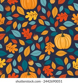 Seamless pattern with autumn Leaves, pumpkins, acorns and oak leaves for wallpaper, gift paper, pattern fills, textile, fall greeting cards.