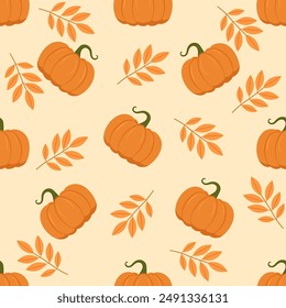 Seamless pattern with autumn leaves and pumpkins. Falling leaves. Autumn botanical background.Autumn harvest. For design of banners, fabrics, textiles, wallpaper. Vector illustration