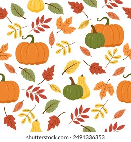 Seamless pattern with autumn leaves and pumpkins. Falling leaves. Autumn botanical background.Autumn harvest. For design of banners, fabrics, textiles, wallpaper. Vector illustration