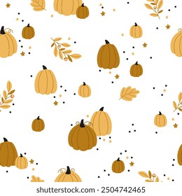 Seamless pattern with autumn leaves and pumpkins. Print for bed linen and other ideas. Vector illustration