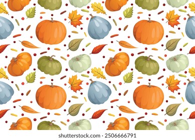 Seamless pattern with autumn leaves, pumpkins and rowan berries. Colorful backdrop with Oak, maple, chestnut, linden, aspen and rowan leaves Fall harvest. Thanksgiving wallpaper. Vector illustration