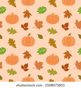 Seamless pattern with autumn leaves and pumpkins, flat illustration for Halloween or Thanksgiving day.