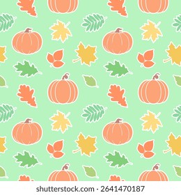 Seamless pattern of autumn leaves and pumpkins isolated on green background.
