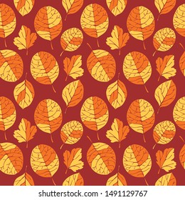 Seamless pattern autumn leaves. Red, Orange and Yellow Leaves. Perfect for fabrics print, background, wallpaper and surface textures.Vector EPS 8.