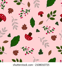 Seamless pattern with autumn leaves and red berries. Endless background for web pages, textiles, clothing, Wallpaper. Holiday in the style of doodles.