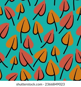 Nahtloses Muster mit Herbstblättern, rot und orange mit schwarzen Strichen auf blauem Hintergrund, könnte als Umhüllung, als Druck, als Tapete verwendet werden.