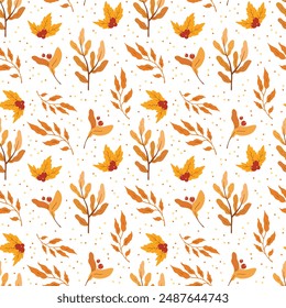 Seamless pattern with autumn leaves and red berries on white background, design for fabric, wallpapers
