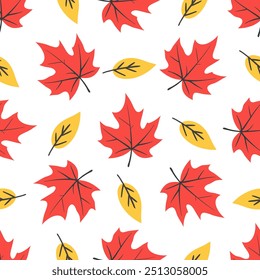 Seamless pattern of autumn leaves. Red maple leaves and yellow simple leaves isolated on white background.