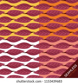 Seamless Pattern of Autumn leaves repeated in line on yellow, orange, white and pink backgrounds
