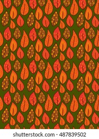Seamless pattern of autumn leaves retro stile green backdround