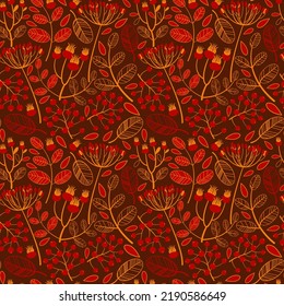 seamless pattern with autumn leaves and rose hips