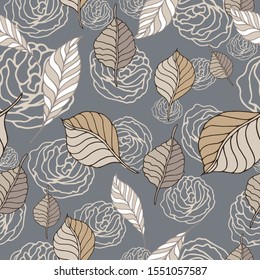 seamless pattern with autumn leaves and roses, freehand drawing, vector