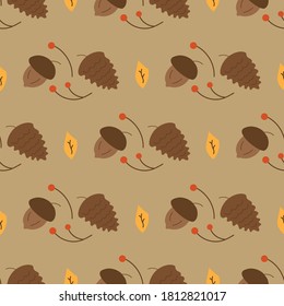 Patrón sin foco con hojas de otoño, rowan, bellotas y conos. Fondo gris. Papel o tela envuelto. Ilustración vectorial colorida