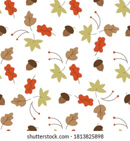 Seamless pattern with autumn leaves, rowan twigs, acorns on a white background. Wrapping paper or fabric. Colorful vector illustration